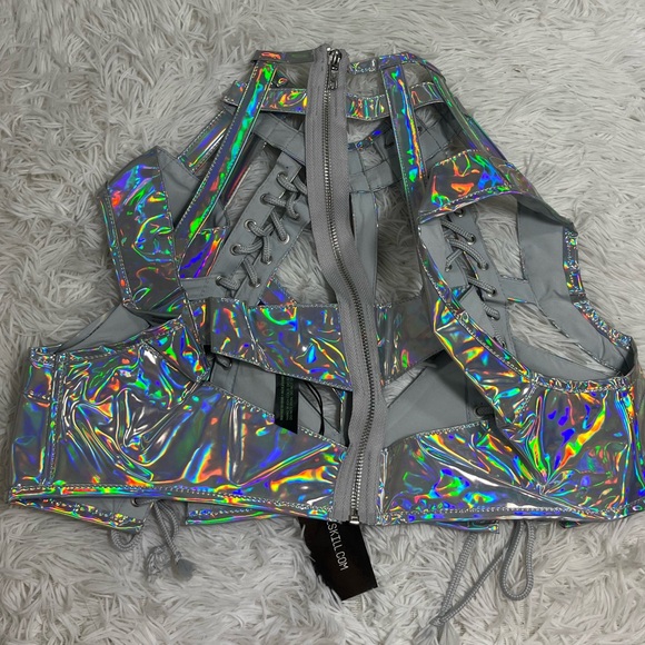 💔SOLD💔 CLUB EXX Rude Awakening Holographic Lace Up Harness Rave Bra Top Silver - Picture 6 of 11